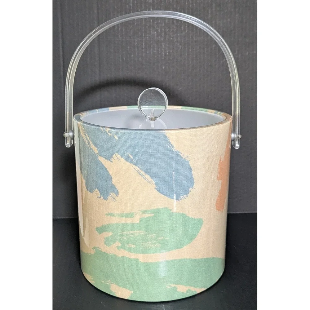 Vintage Lucite & Vinyl Insulated Ice Bucket w/Lid Color Splash Pattern